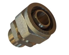 Kompressionskobling til 26mm rør og 3/4" gevind, fremstillet i messing med synlige gevind og indvendig konus.