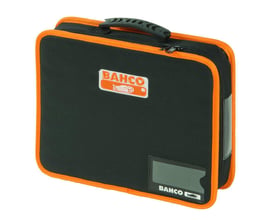 Lukket Bahco værktøjsmappe i sort polyester med orange kant og håndtag, med synlig Bahco logo.