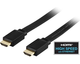 DELTACO fladt HDMI kabel på 1 meter med sorte, guldbelagte HDMI Type A stik og 'HIGH SPEED with ETHERNET' mærkat.