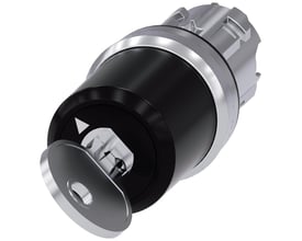 Siemens nøgleafbryder, 22mm rund, med skinnende metalfront og en delvist indsat nøgle, viser O-I kontaktposition.
