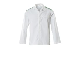 Mascot Jakke 20254 Food&Care i hvid med grønne detaljer på skuldrene, størrelse S, vist forfra på hvid baggrund.