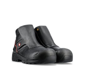 Brynje Welder 417 S3 svejsestøvler i sort læder med velcro-lukning og orange detaljer.