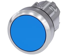 Siemens trykknap med 22 mm diameter, rund blå knap i metal med højglans finish og låsende funktion.