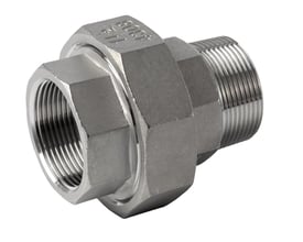 Rustfri stålund unionfitting 3/4" med muffe (BSPP) og udvendig gevind (BSPT) til drikkevandsinstallationer.
