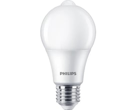 Philips LED-standardpære med mat, rund kuppel og synlig E27-sokkel, set forfra. Pæren bruger 8 W og giver 806 lm.