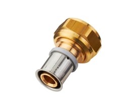 Roth MS-forskruning i messing og rustfrit stål til 20mm alupex rør, med 1" indvendigt gevind og omløber.