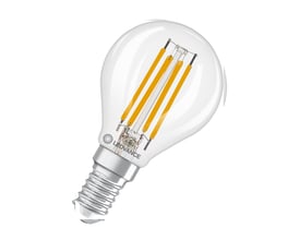Ledvance klar LED-kronepære med synlige filamenter, dæmpbar funktion, E14-fatning og varm hvidt lys på 2700 K.