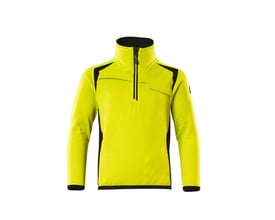 Mascot børnefleecetrøje i Hi-Vis gul og sort med lynlås i halsen og reflekser på siden.