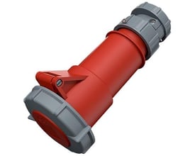 Mennekes CEE forlængerledning, 5-polet, 16A, 400V, IP67, vist med rød plasthus og grå samlinger.