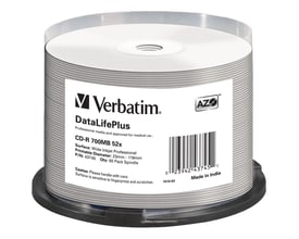 Verbatim CD-R AZO på spindel med hvid, printbar overflade; etiketten viser 700 MB og 52x.