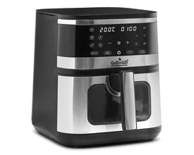 Grillngo Airfryer Barcelona med 8 liters kapacitet, viser det sorte kabinet og fronten med rustfri stål-detaljer og et stort vindue.