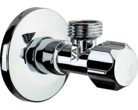 Nil stopventil i blank krom, lang model, med 1/2" x 3/8" tilslutning og en rund roset. Ventilen har et greb med facetter.