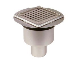 Blücher Square gulvafløb set fra siden, fremhæver den lodrette Ø110 mm udløb og konstruktionen i rustfrit stål.