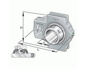 Skitse af INA RTUEY40-XL strammeenhed med dimensioner L, H og d samt en separat visning af spændebeslag og lejepind.