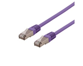 DELTACO S/FTP Cat6 patchkabel i lilla farve med 0,3 meters længde og RJ45-stik på hvid baggrund.