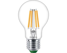 Philips Master Ultra Efficient Standard LED-lyskilde, klar glas, E27 sokkel med 2,3W effekt og synlige filamenter.