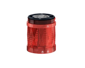 Nærbillede af Schneider Electric XVU lystårn, viser den røde lysenhed med diamantsleben overflade og top med mærkater.