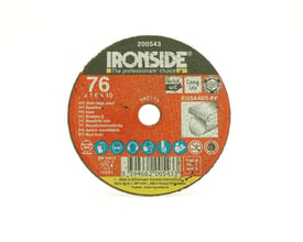 Ironside plan skæreskive til rustfrit stål, 125 x 1,0 mm, med orange tryk og et rundt hul i midten.