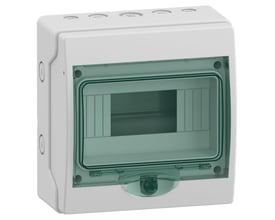 Schneider Electric Kaedra kapsling med fokus på siden og fronten, hvid, IP65, klar til installation af moduler.
