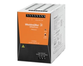 Weidmüller PROmax strømforsyning, 480W 24VDC 20A, med orange frontpanel og tydelige mærkninger for tilslutning og justering.