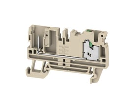 Weidmüllers mørk beige SPGTB 2.5 FT 2C/1 plug-in klemrække med to forbindelser, set skråt forfra.