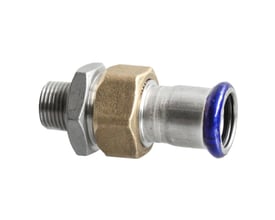 Unico rustfri union med messingomløber, 1" udvendigt gevind og 28mm pressmuffe, godkendt til drikkevand.