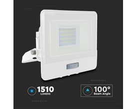 V-TAC 20W projektør, der viser 1510 lumen lysstyrke og 100 graders spredningsvinkel.