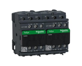 Schneider Electric TeSys D reverserende kontaktor, 9A, 400V AC, med 3P og 2x3P+2NO+2NC kontakter, vist på hvid baggrund.