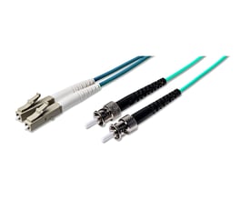 Fiberoptisk patchkabel med LC/PC-stik i grå og ST/PC-stik i krom, 3 meter lang og aqua-farvet kabel.