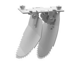 Nordisk Innovation spjæld til TX11 Lock universal rottespærre, passer til 100/110 mm rør, viser to savtakkede klapper og monteringsbeslag.