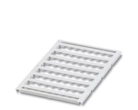 Oversigtsbillede af et ark med Phoenix Contact UCT-TM 5 mærkeskilte, der viser 72 hvide skiltlommer uden mærkning på en ren baggrund.