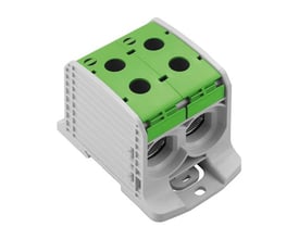 Weidmüller WPD 232 fordelerklemme i grå Wemid med grønt cover, 1000V og 250A, viser skrueterminaler til ledere.