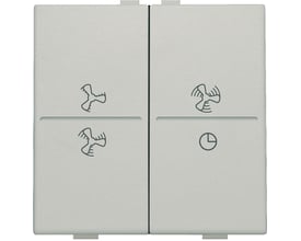 Niko grå tangent med symboler for slukket tilstand og 3 blæserhastigheder til trådløs 4-tryks betjening på hvid baggrund.