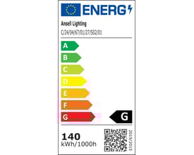 Ansell Lighting C-Cell COB Pro LED strip energimærke G med 140 kWh/1000h forbrug, angivet med QR-kode.