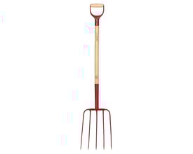 Fiskars Classic spredegreb med FSC-certificeret træhåndtag og røde tænder. Redskabet står lodret på hvid baggrund med tydelig FSC-logo på skaftet.