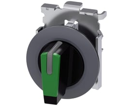Siemens vælgerkontakt 30mm rund, mat grøn metal med 3 positioner (I O II) og momentan funktion, vist med monteringselement.