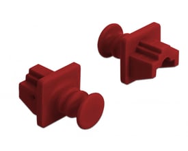 To røde Delock støvhætter til RJ45 hunstik, fremstillet af gummi, vist på hvid baggrund.