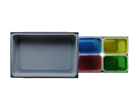 Oversigt over Intra affaldssystemet Tank40-4 med tomt gråt udtræksrum og fire mindre farvede beholdere.