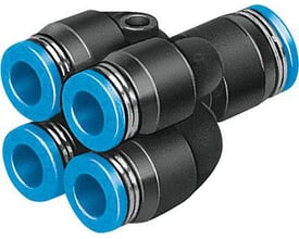 Festo multifordeler QSQ-6-4 med 4 udtag og 360° drejelig funktion, fremstillet i sort plast med blå frontringe.