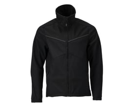 Mascot sort softshell jakke i størrelse S med høj krave, lynlås og strategisk placerede ribstrikkede paneler på brystet.