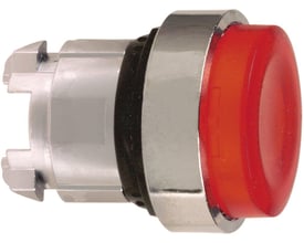 Schneider Electric rød trykknap Ø22mm med ophøjet kip-funktion og kromdetaljer, vist fra siden på mørk baggrund.