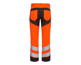 FE Engel stretch arbejdsbukser i orange og grå med Hi-Vis klasse 2, str. 100, set bagfra, med tydelige baglommer og refleksdetaljer.