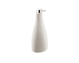 Stilfuld Cosmic Saku sæbedispenser i mat beige finish med en højde på 190 mm og 300 ml kapacitet, der præsenteres isoleret på en hvid baggrund.