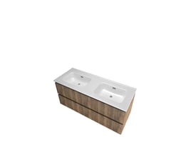 Sanibell Proline møbelsæt i terra eg med 2 vaske, 121x46 cm, med 2 grebsfrie softclose skuffer og lodrette lameller på fronten.