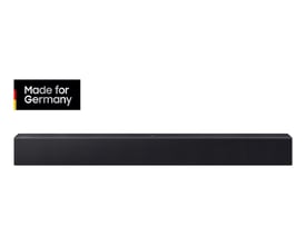 Sort Samsung B-Series HW-B410GF-soundbar med 2.0 kanaler, set forfra med et Made for Germany-logo øverst.