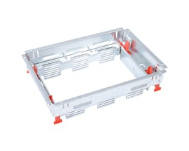 Legrand Gulvboks support flex, horisontal ramme med plads til 8/12 moduler i galvaniseret metal med røde plastdetaljer.
