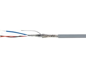 Devicenet maskinkabel med 4 ledere i grå PVC, vist med afisoleret ende der viser den indre konstruktion med skjold af folie og flet.