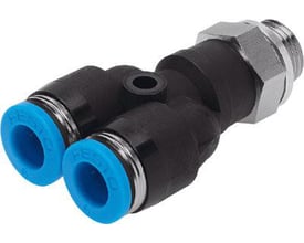 Festo Y-forskruning indstik QSY-G1/4-6 med to blå push-in stik og et metaltætnet udvendigt gevind.