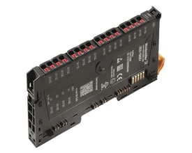 Weidmüller distributionsmodul UR20-16AUX-I med 24V DC indgange og monteringsstik på hvid baggrund.