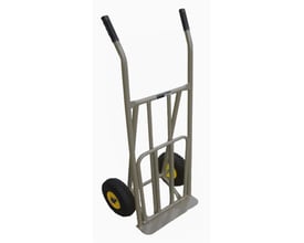 Ironside sækkevogn med gråt metalstel, sorte håndtag og hjul med gule fælge, set skråt forfra. Kapacitet 200 kg.